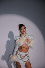 Load image into Gallery viewer, The LOLA Tweed Cropped Jacket and Skirt with Feathers and Gold Chain Details
