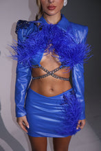 Load image into Gallery viewer, The VIOLET Cropped Jacket and Faux Leather Skirt with Feathers and Diamond Embellishments (Electric Blue)