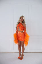 Load image into Gallery viewer, The BLUSHARA Dress with Feather Detail Sleeves - Orange Beaded Lace