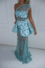 Load image into Gallery viewer, The PENELOPE Maxi Dress and Peplum Belt - Blue Sequin Lace
