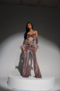 The EMILIA Jumpsuit with Feather Cuffs Sleeves and Luxe details