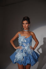 Load image into Gallery viewer, The MORGANA Denim Puffball Dress with 3D Flowers and Chain Choker