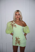 Load image into Gallery viewer, The KIKO Bodysuit and Skirt - Stretch Body with Gold Embellishments and Beaded Lace Sleeves (Lime)