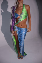 Load image into Gallery viewer, The ALICIA Dress with Split Leg Maxi Skirt in Multicolour Snake Print Sequin with Diamonte Snake Appliqués (Knicker Included)