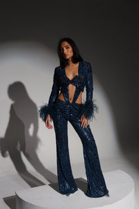 The CELESTE Sequin Bodysuit and Trousers with Luce Jewels and Feather Cuffs