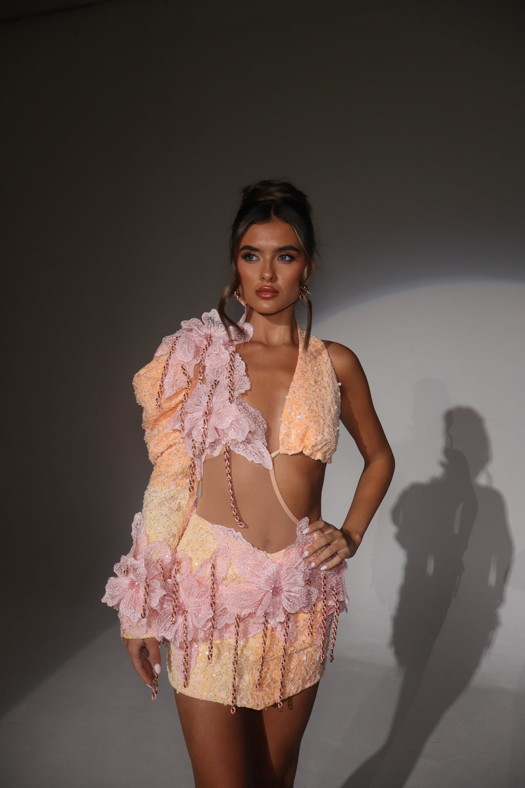 The MARIBEL Beaded Ombre Lace Co-Ord with 3D Flowers and Chain details