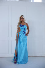 Load image into Gallery viewer, The GLOWYN Stretch Satin Maxi Dress with Floral Diamonte Embellishments (Blue)