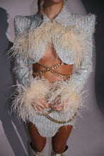 Load image into Gallery viewer, The LOLA Tweed Cropped Jacket and Skirt with Feathers and Gold Chain Details