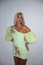 Load image into Gallery viewer, The KIKO Bodysuit and Skirt - Stretch Body with Gold Embellishments and Beaded Lace Sleeves (Lime)