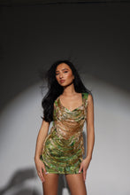 Load image into Gallery viewer, The JENNIFER Dress in Beaded Green Sequin with Luxe Gold Jewels and Draped Beaded Tassels