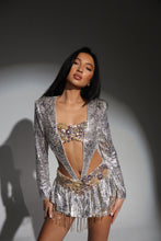 Load image into Gallery viewer, The LARISA Bodysuit and Skirt in Sparkle Zebra with Jewels and Beaded Tassels (Silver/Gold)