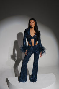 The CELESTE Sequin Bodysuit and Trousers with Luce Jewels and Feather Cuffs