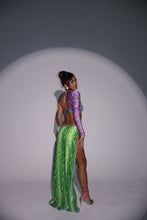 Load image into Gallery viewer, The ALICIA Dress with Split Leg Maxi Skirt in Multicolour Snake Print Sequin with Diamonte Snake Appliqués (Knicker Included)