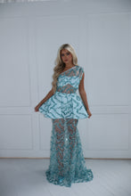 Load image into Gallery viewer, The PENELOPE Maxi Dress and Peplum Belt - Blue Sequin Lace