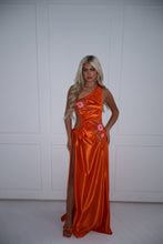 Load image into Gallery viewer, The GLOWYN Stretch Satin Maxi Dress with Floral Diamonte Embellishments (Orange)