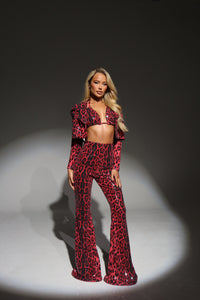 The VALENCIA Cropped Blazer, Bikini Top and Trousers in Red Leopard Sequin