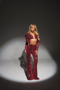 The VALENCIA Cropped Blazer, Bikini Top and Trousers in Red Leopard Sequin