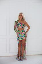 Load image into Gallery viewer, The ROSARA Top and Skirt in Printed Sequin with Green Safety Pin Features