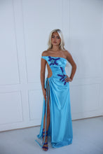 Load image into Gallery viewer, The GLOWYN Stretch Satin Maxi Dress with Floral Diamonte Embellishments (Blue)