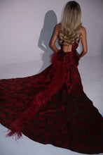 Load image into Gallery viewer, The AMELIA Dress with Ruched Belt, Floor Length Trail, Feathers and Diamond Embellishments (Burgundy)