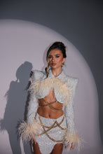 Load image into Gallery viewer, The LOLA Tweed Cropped Jacket and Skirt with Feathers and Gold Chain Details