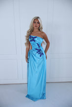 Load image into Gallery viewer, The GLOWYN Stretch Satin Maxi Dress with Floral Diamonte Embellishments (Blue)