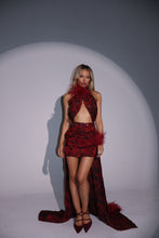 Load image into Gallery viewer, The AMELIA Dress with Ruched Belt, Floor Length Trail, Feathers and Diamond Embellishments (Burgundy)