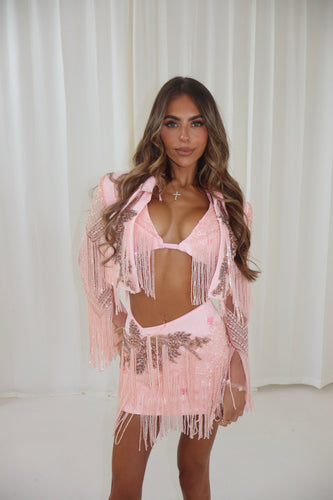 The THARA Cropped Blazer, Skirt and Bikini Top in Denim with Embellishments and Fringing details