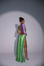 Load image into Gallery viewer, The ALICIA Dress with Split Leg Maxi Skirt in Multicolour Snake Print Sequin with Diamonte Snake Appliqués (Knicker Included)