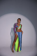 Load image into Gallery viewer, The ALICIA Dress with Split Leg Maxi Skirt in Multicolour Snake Print Sequin with Diamonte Snake Appliqués (Knicker Included)