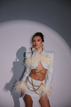 Load image into Gallery viewer, The LOLA Tweed Cropped Jacket and Skirt with Feathers and Gold Chain Details