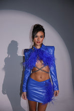 Load image into Gallery viewer, The VIOLET Cropped Jacket and Faux Leather Skirt with Feathers and Diamond Embellishments (Electric Blue)