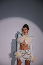 Load image into Gallery viewer, The LOLA Tweed Cropped Jacket and Skirt with Feathers and Gold Chain Details