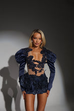 Load image into Gallery viewer, The DAHLIA Mesh Bodysuit with Satin Puffed Sleeves / Luxe Jewels and 3D Flower Skirt