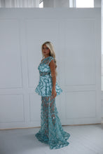 Load image into Gallery viewer, The PENELOPE Maxi Dress and Peplum Belt - Blue Sequin Lace