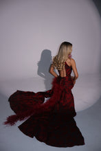 Load image into Gallery viewer, The AMELIA Dress with Ruched Belt, Floor Length Trail, Feathers and Diamond Embellishments (Burgundy)