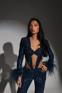 The CELESTE Sequin Bodysuit and Trousers with Luce Jewels and Feather Cuffs