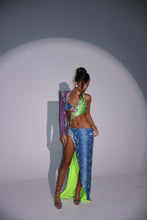 Load image into Gallery viewer, The ALICIA Dress with Split Leg Maxi Skirt in Multicolour Snake Print Sequin with Diamonte Snake Appliqués (Knicker Included)